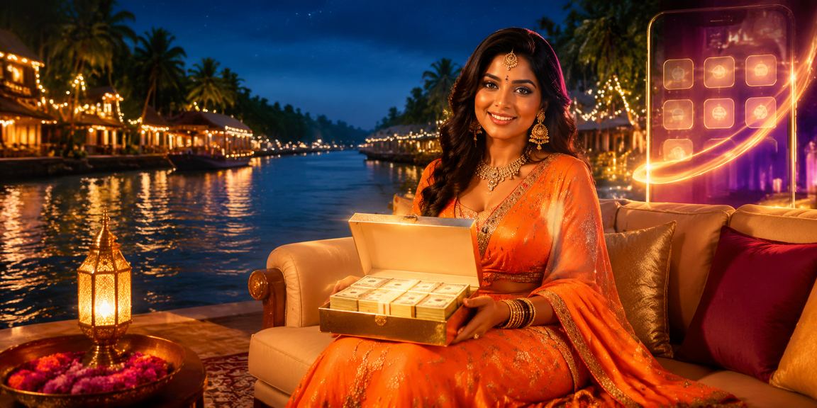 Indian woman enjoying rummy game during night market in Kerala